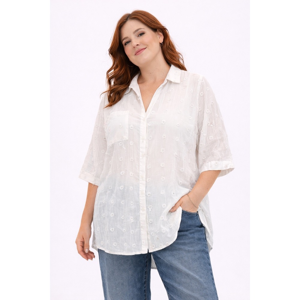 Blooming Jelly L Women White Eyelash Dot Textured Tunic Split Neck High Low Boho